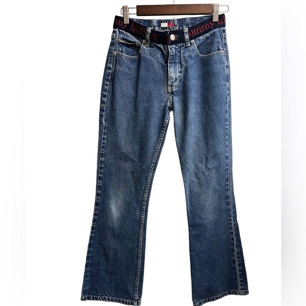 Vintage Y2K TOMMY HILFIGER Spell Out Waistband Medium Wash Bootcut Jeans SZ 3